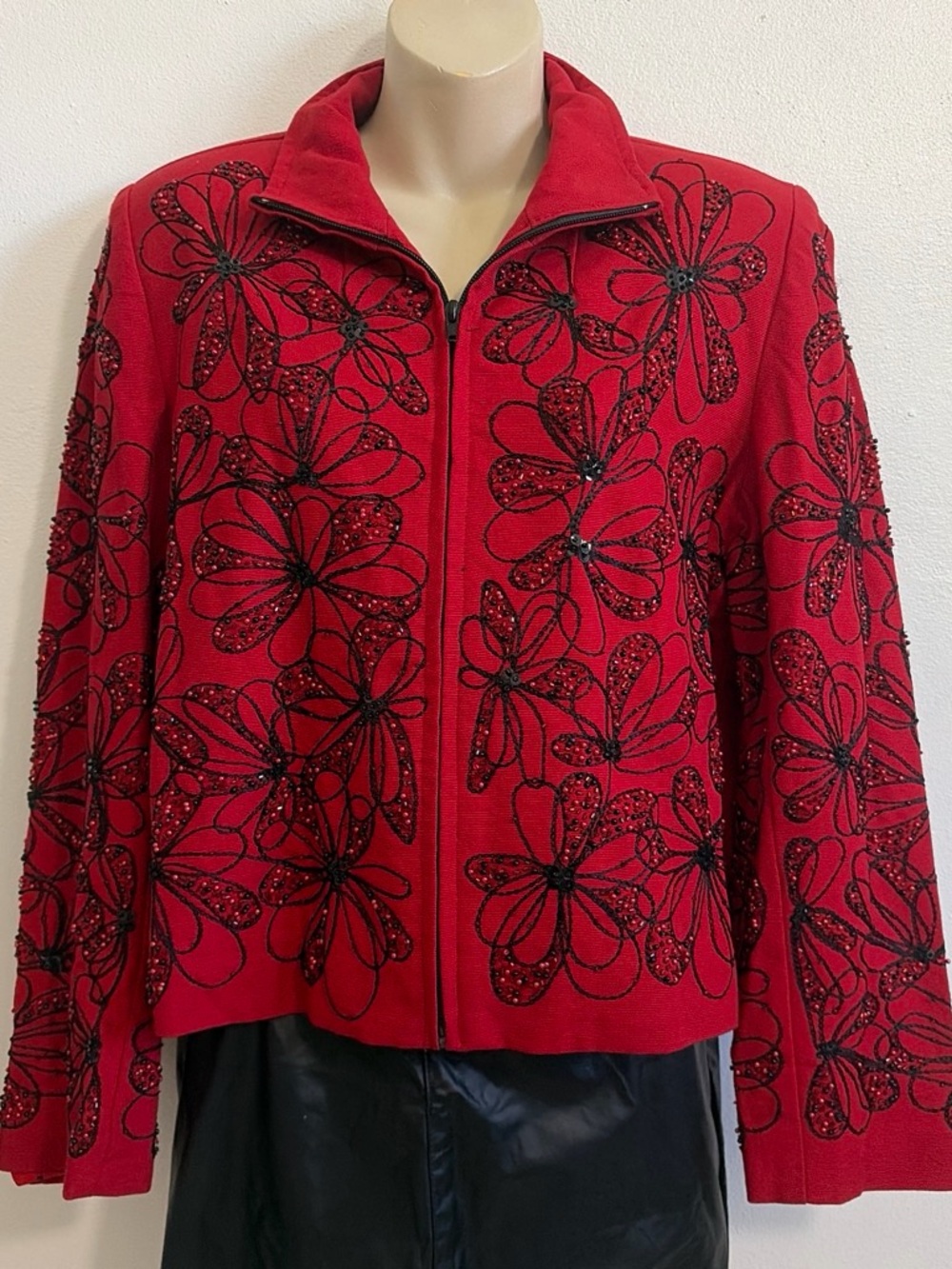 Vintage Red Embellished Floral Zip-Front Jacket by Anage NWT